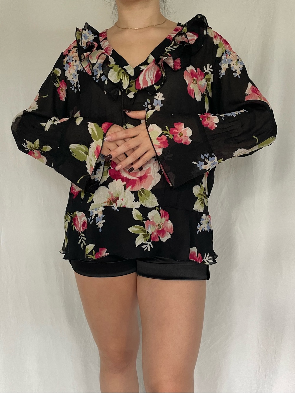 Vintage Fairycore Allison Taylor black floral ruffle blouse